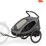 hauck Remolque de bicicleta y cochecito Dryk Duo Plus con suspensión, para 2 niños (6-48 meses), incluye barra de tiro, rueda de cochecito, bandera y luz LED, plegable, altura ajustable, maletero XL (verde oscuro)