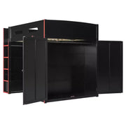 Cama alta matrimonial Merax con escritorio, armario, luces LED RGB y puerto de carga USB, elegante estructura negra con espacio de almacenamiento múltiple para amantes de los videojuegos