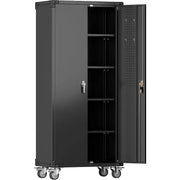 Gabinete de almacenamiento para garaje con ruedas y tablero perforado, armario de metal con cerradura de 72" de altura, 2 puertas y 4 estantes ajustables para taller de garaje