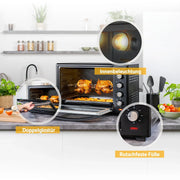 Minihorno TZS First Austria 60 L 2000 W, horno para pizza, 230 °C, 6 modos, temporizador de 60 min, 4 alturas de inserción, bandeja de horno, rejilla, asador giratorio, A++