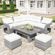 Conjunto de sofá seccional de ratán para exteriores con mesa ajustable y sillones reclinables
