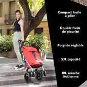 Carro de la compra Carlett de 4 ruedas plegable, bolsa extraíble de gran capacidad 53L / 15kg y bolsa térmica de 10L, manillar ajustable, freno de seguridad, convertible en 2 ruedas, Classic Duo, blanco