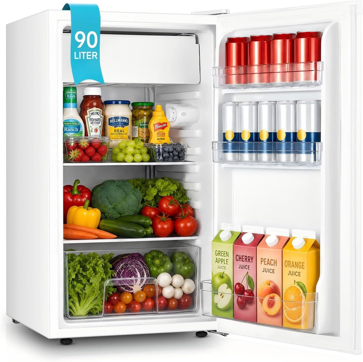 Refrigerador con congelador FOHERE 90L, mininevera pequeña con 7 niveles de temperatura ajustables, eficiente energéticamente y ultrasilenciosa para residencia de estudiantes/oficina, blanco
