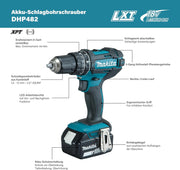 Taladro percutor 18V LXT (2x3,0 Ah) con accesorios - DHP482RFX9