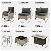 Conjunto de 9 piezas de sillas giratorias de mimbre para exteriores OVIOS con mesa de fuego
