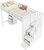 Cama alta infantil Merax 90x200 cm, con armario, escritorio, cajones y estantes, litera con escalera, somier y protección anticaídas, sin colchón, blanco/251×94×165 cm
