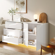 Cómoda blanca de alto brillo con iluminación LED, aparador blanco de alto brillo de 160 cm con 2 puertas y 3 cajones, alacena de cocina, mueble buffet moderno para dormitorio, comedor, oficinas y recibidor