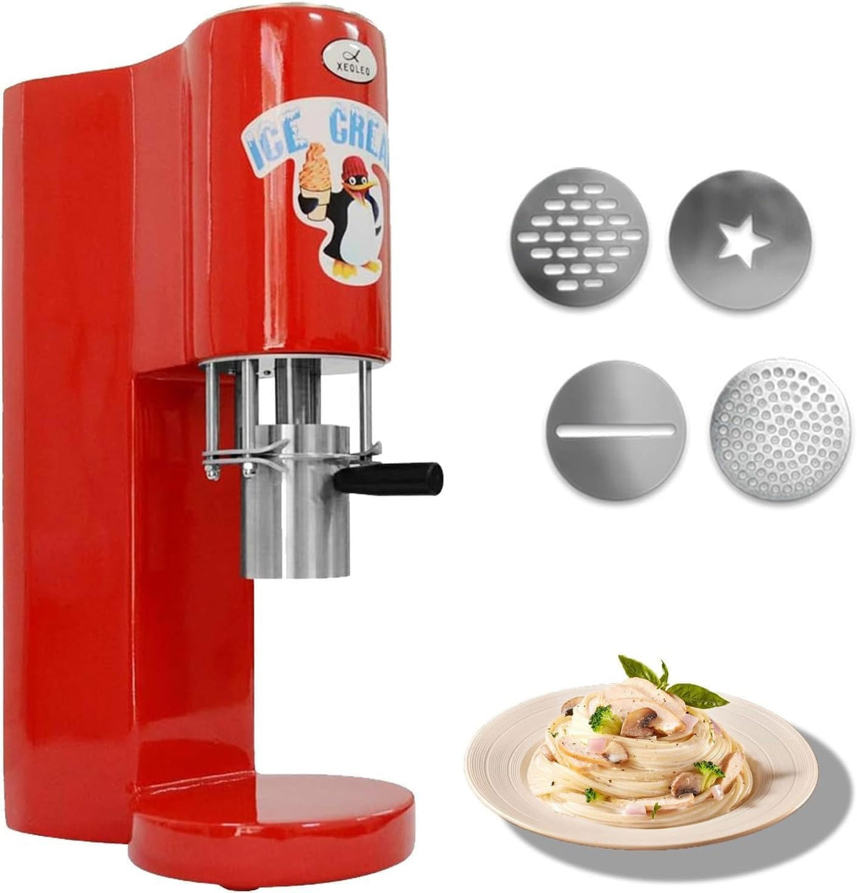 Máquina comercial de helado tipo espagueti, 28–30 l/h, máquina profesional de fideos de helado con 4 moldes diferentes, para catering y heladerías (rojo)