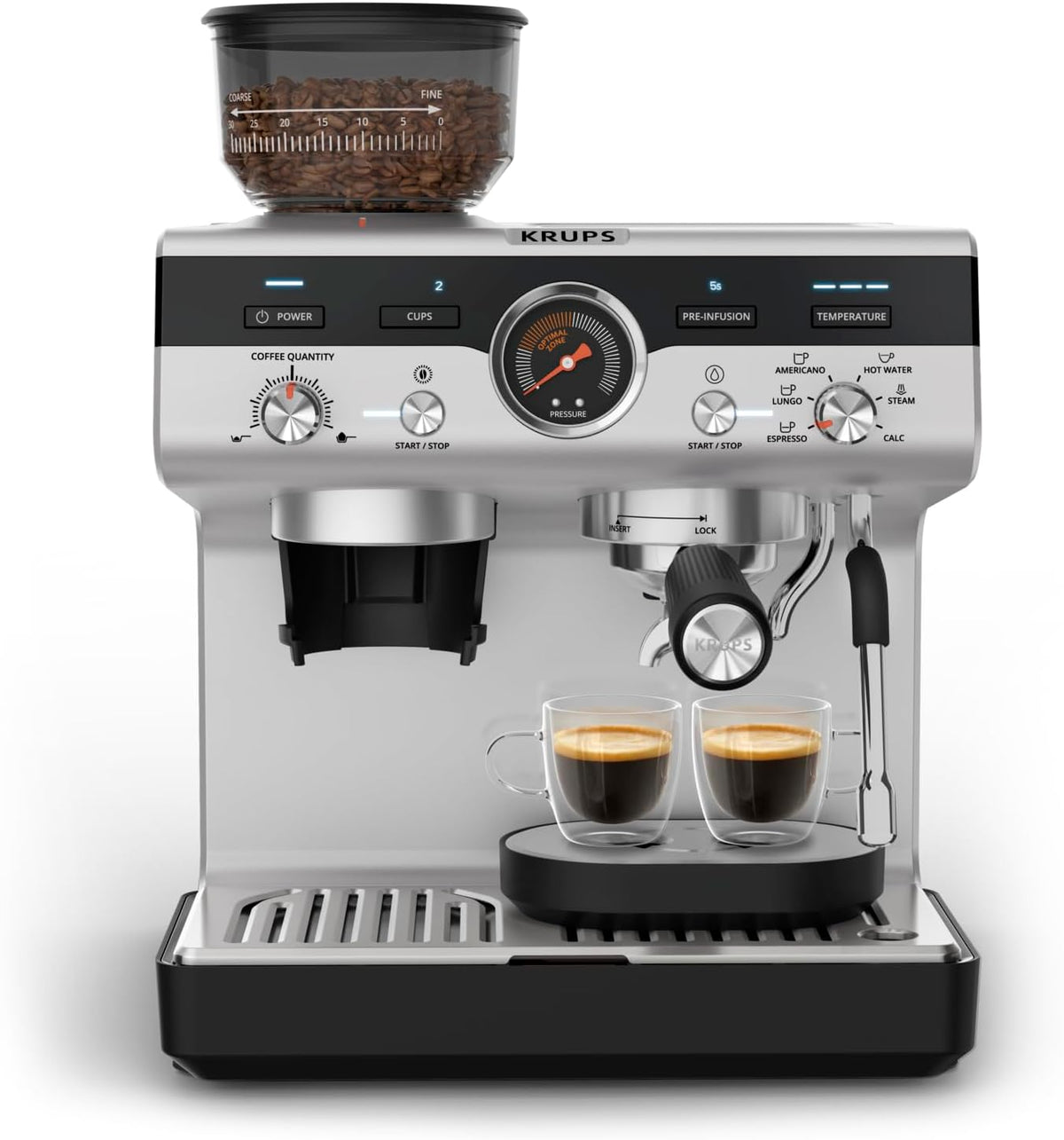 Krups Precision, Máquina de café espresso manual con molinillo, 30 niveles de molienda, 15 bares, boquilla de vapor, 3 temperaturas, interfaz intuitiva, capuchino, XP801T10