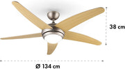 Klarstein Bolero - Ventilador de techo 2 en 1, diámetro de 134 cm, lámpara de 55 W de potencia, aspas de madera, control remoto, 50 dB, 3 velocidades: rápida, media, lenta, arce