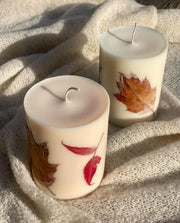 Vela de pilar de cera de soja con hojas de otoño, decoración otoñal, 9x7,5 cm