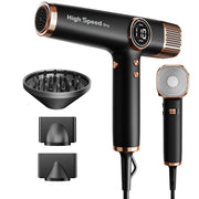 Secador de pelo Faszin con tecnología iónica, motor sin escobillas de 110.000 RPM, secado rápido, silencioso, pantalla LED, accesorios magnéticos, negro