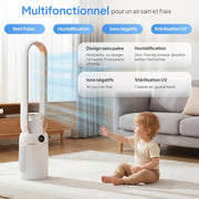 Ventilador de Torre Purificador de Aire ROVSUN, Ventilador sin Aspas de 110 cm, Humidificación, Iones Negativos, Esterilización UV, 32 Velocidades, 4 Modos, Temporizador de 15H, Oscilación de 80°, Control Táctil y Mando a Distancia