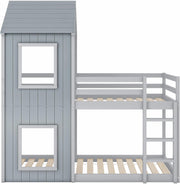 Cama infantil 90x200 cm, litera para 2 niños, cama alta con protección anticaídas, litera en forma de casa del árbol para niños y niñas, cama individual de madera maciza, cama de juegos, sin colchón, gris