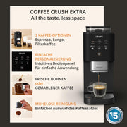 Cafetera automática Krups Coffee Crush  Extra, molinillo de acero inoxidable para café recién molido, solo 15 cm de ancho, panel de control inteligente, también para café premolido, limpieza fácil, negro, SA4028E0