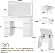 TRIUMPHKEY Tocador con espejo y taburete, mesa de maquillaje con espejo LED de gran formato con brillo ajustable, 7 cajones y toma de corriente, mueble para el hogar, blanco