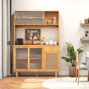 Aparador con alacena COSTWAY, armario de cocina de bambú, buffet de cocina con puerta corredera, puerta de ratán, ganchos, soporte para copas y cajón, armario despensa, vitrina estilo rústico, natural