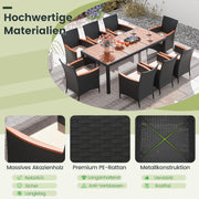 COSTWAY Juego de muebles de jardín de ratán de 9 piezas, conjunto de asientos para 8 personas, mesa de jardín con tablero de madera de acacia, 8 sillas y cojines, juego de muebles de terraza, conjunto de jardín, juego de asientos, grupo de comedor