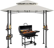Pabellón para barbacoa 238 x 148 x 242 cm, cenador para BBQ con doble techo, 2 estantes laterales, cesta de almacenamiento, 10 ganchos, abrebotellas, protección solar UV30+, para jardín y terraza, blanco crema
