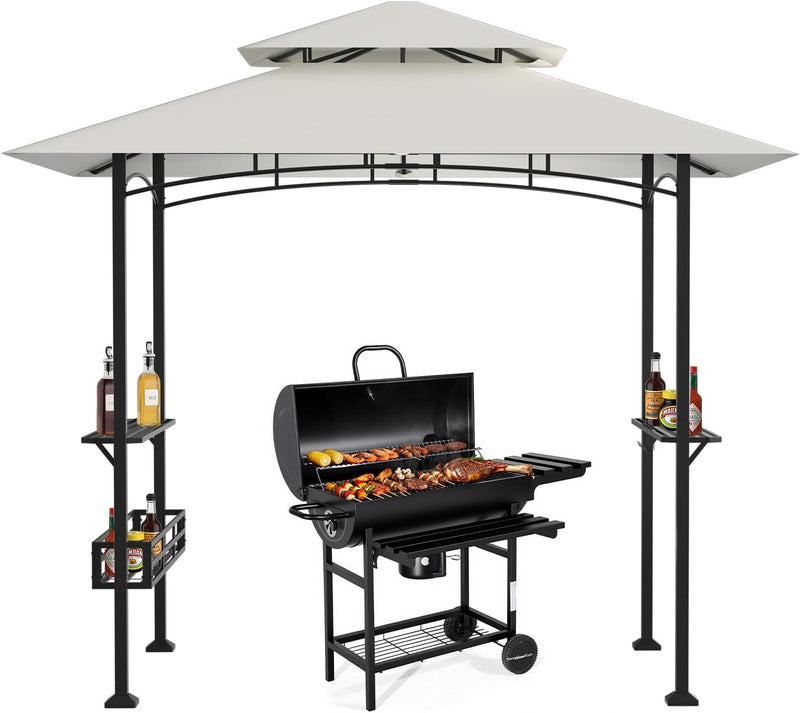 Pabellón para barbacoa 238 x 148 x 242 cm, cenador para BBQ con doble techo, 2 estantes laterales, cesta de almacenamiento, 10 ganchos, abrebotellas, protección solar UV30+, para jardín y terraza, blanco crema