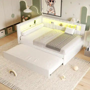 Cama con plataforma tapizada con puertos USB e iluminación LED - Base de cama matrimonial/individual con 2 cajones de almacenamiento - Dormitorio moderno
