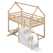 Literas tipo casita con tobogán y escaleras de almacenamiento, litera de madera individual sobre individual para niños con techo y escaleras para niñas y niños