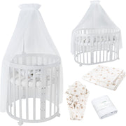 Cuna ovalada evolutiva Waldin, set completo 7 en 1, cuna de barrotes, cama infantil con colchón, cambiador, cuna colecho, madera blanca