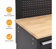 Cajonera móvil para herramientas de 61 pulgadas con 10 cajones y banco de trabajo para garaje con regleta de alimentación, superficie de madera de caucho macizo, gabinete de estación de trabajo móvil resistente con capacidad de 1675 libras