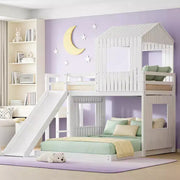 Litera doble sobre matrimonial de madera Luxystar con casita de juegos, tobogán y barandillas