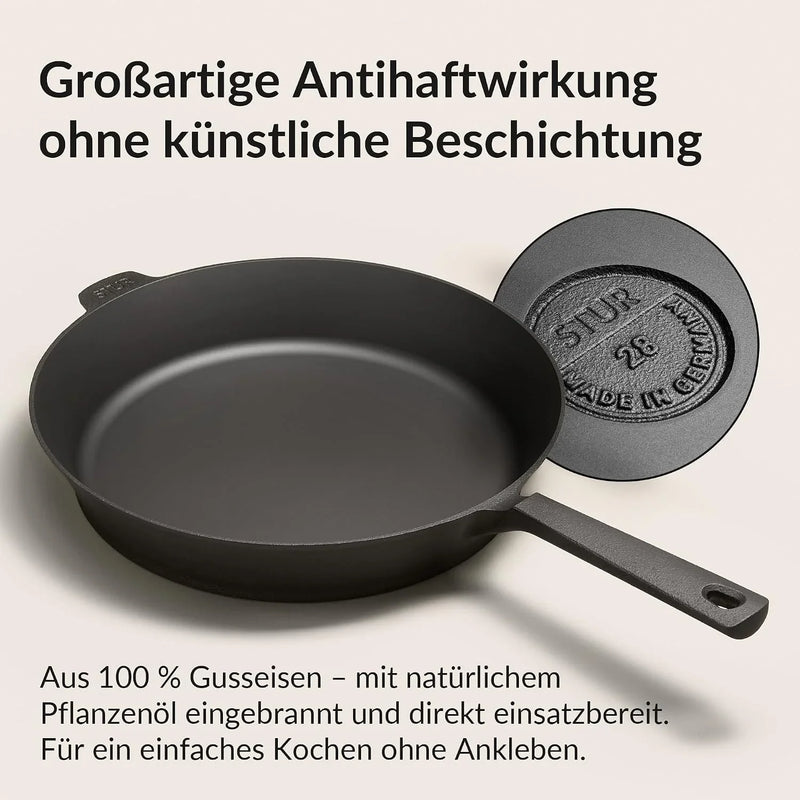 Sartén de hierro fundido de 28 cm, apta para inducción y todo tipo de cocinas, pulida finamente, sin recubrimiento, fabricada en Alemania.