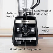 Batidora de vaso Bosch VitaBoost MMBH6P6BDE, cuchilla de acero inoxidable de 6 hojas, jarra de Tritán de 2,5 l, empujador, 6 programas automáticos, libro de recetas, sin BPA, fácil limpieza, 45.000 rpm, 1600 W, negro