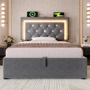 Cama tapizada individual 90x200cm con cabecero LED, estación de carga USB y tipo C, canapé hidráulico con espacio de almacenamiento, cama juvenil moderna con somier, terciopelo (gris, 90x2 00cm)