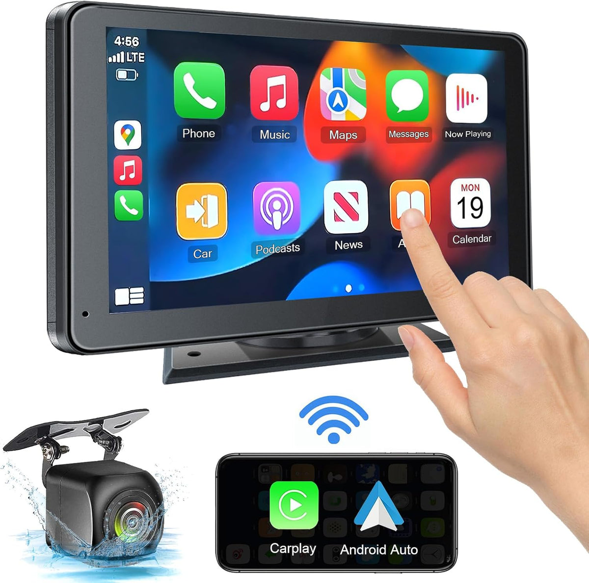 flysclean Pantalla portátil inalámbrica más reciente para Apple CarPlay y Android Auto para coche, estéreo de coche con pantalla táctil HD de 7 pulgadas con Mirror Link, Bluetooth 5.2, cámara de visión trasera, AUX, transmisor FM para todos los vehículos