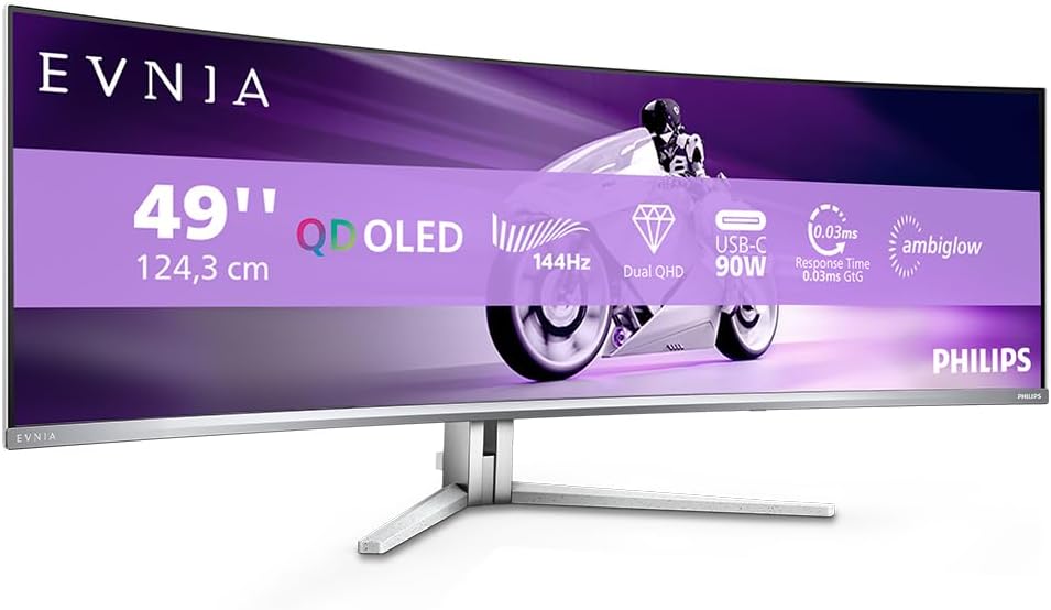 Philips Evnia 49M2C8900L - Monitor Gaming curvo DQHD OLED de 49 pulgadas, 144 hercios, 0,03 ms GtG, HDR400, Ambiglow, FreeSync Prem. Pro (5120 x 1440, HDMI 2.1, DisplayPort 1.4, USB-C, concentrador USB) Blanco
