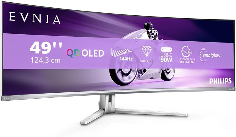 Philips Evnia 49M2C8900L - Monitor Gaming curvo DQHD OLED de 49 pulgadas, 144 hercios, 0,03 ms GtG, HDR400, Ambiglow, FreeSync Prem. Pro (5120 x 1440, HDMI 2.1, DisplayPort 1.4, USB-C, concentrador USB) Blanco