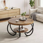 Mesa de centro industrial redonda de 30 pulgadas, 2 niveles con patas ajustables, estante con veta de madera, diseño de llama, fácil montaje, para sala de estar