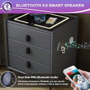 Mesita de noche con LED, mesita de noche con luz regulable de 3 colores y altavoz Bluetooth, mesa auxiliar con 2 USB y función de carga, 3 cajones, elegante mesita de noche con lámpara táctil para dormitorio (1, gris)