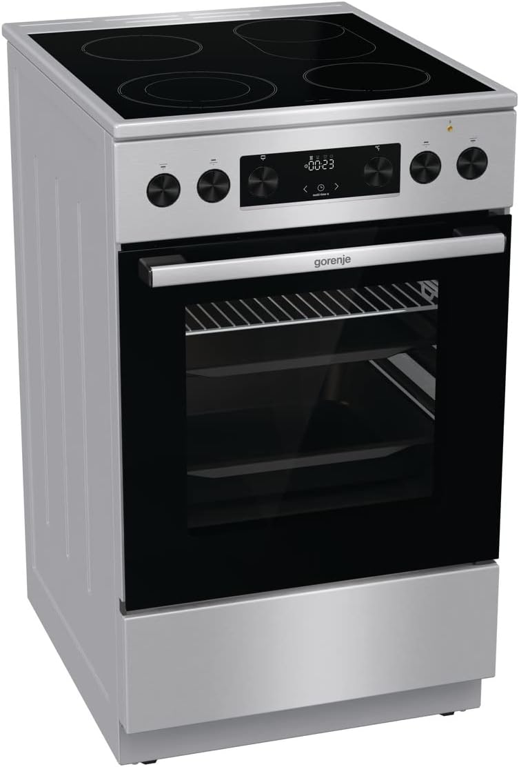 Gorenje GECS5C70XPA Cocina eléctrica independiente con placa vitrocerámica / 50 cm / 70 litros / GentleClose / Calentamiento rápido / AirFry / ExtraSteam / Modo pizza 300°C / Guías telescópicas / AquaClean / Zona paellera / negro