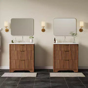 Conjunto de tocador de baño moderno estriado con lavabo de cerámica integrado, mueble de baño independiente con 3 cajones para baño contemporáneo