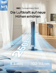 Ventilador de torre inteligente DREO 102–114 cm para dormitorio, altura ajustable, 8,4 m/s, motor CC, 9 velocidades, 4 modos, oscilación de 90°, ventilador de pie, 20 dB silencioso, temporizador de 12 h para el hogar y la oficina, Google/Alexa