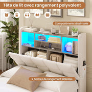 Cama tapizada AOGLLATI 90×200 cm, cama hidráulica con almacenamiento e iluminación LED, cama juvenil con estación de carga, cama individual con cabecero con almacenamiento, tela de lino, sin colchón (beige, 90x200 cm)