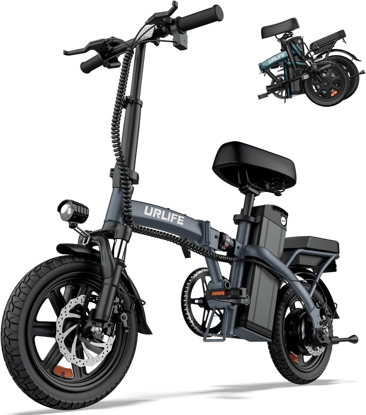 Bicicleta eléctrica plegable URLIFE de 14", batería extraíble de 48V 7.5Ah para un largo alcance de hasta 60 km, motor de 250W, 3 modos de conducción, altura del asiento ajustable, bicicleta eléctrica plegable (pedelec) para hombres y mujeres