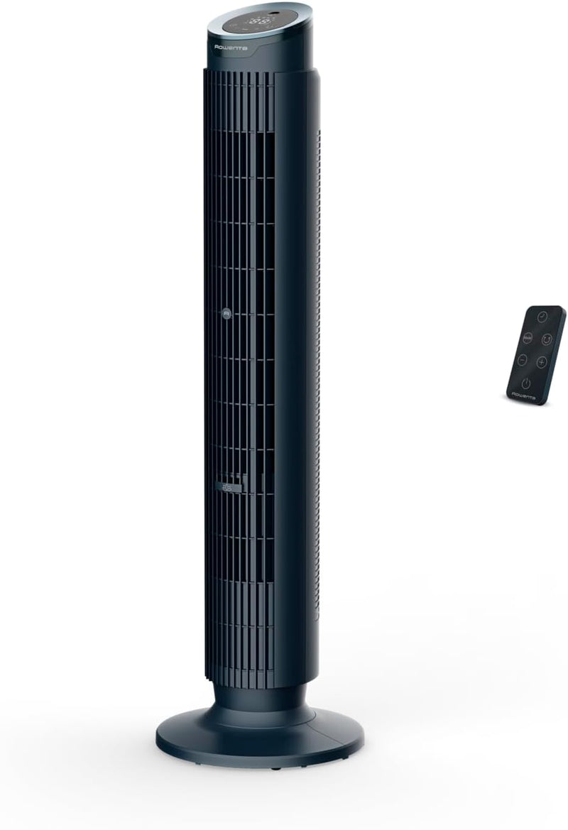 Ventilador de torre Rowenta Eole Silence Force, potente, modo silencioso, 12 velocidades, 5 modos automáticos, temporizador, oscilación de 60-90°, mando a distancia, cubierta antipolvo, azul, VU7050F0