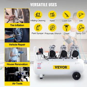 Compresseur d'air sans huile VEVOR, compresseur d'air comprimé silencieux, outil d'atelier pour réparations domestiques, gonflage de pneus (100L 2,2KW, électrovanne)