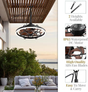 Ventilador de techo para exteriores KZT con iluminación, resistente al agua IP65, lámpara de techo con ventilador, mando a distancia, silencioso, 6 velocidades, regulable, para terrazas, cenadores y jardines.