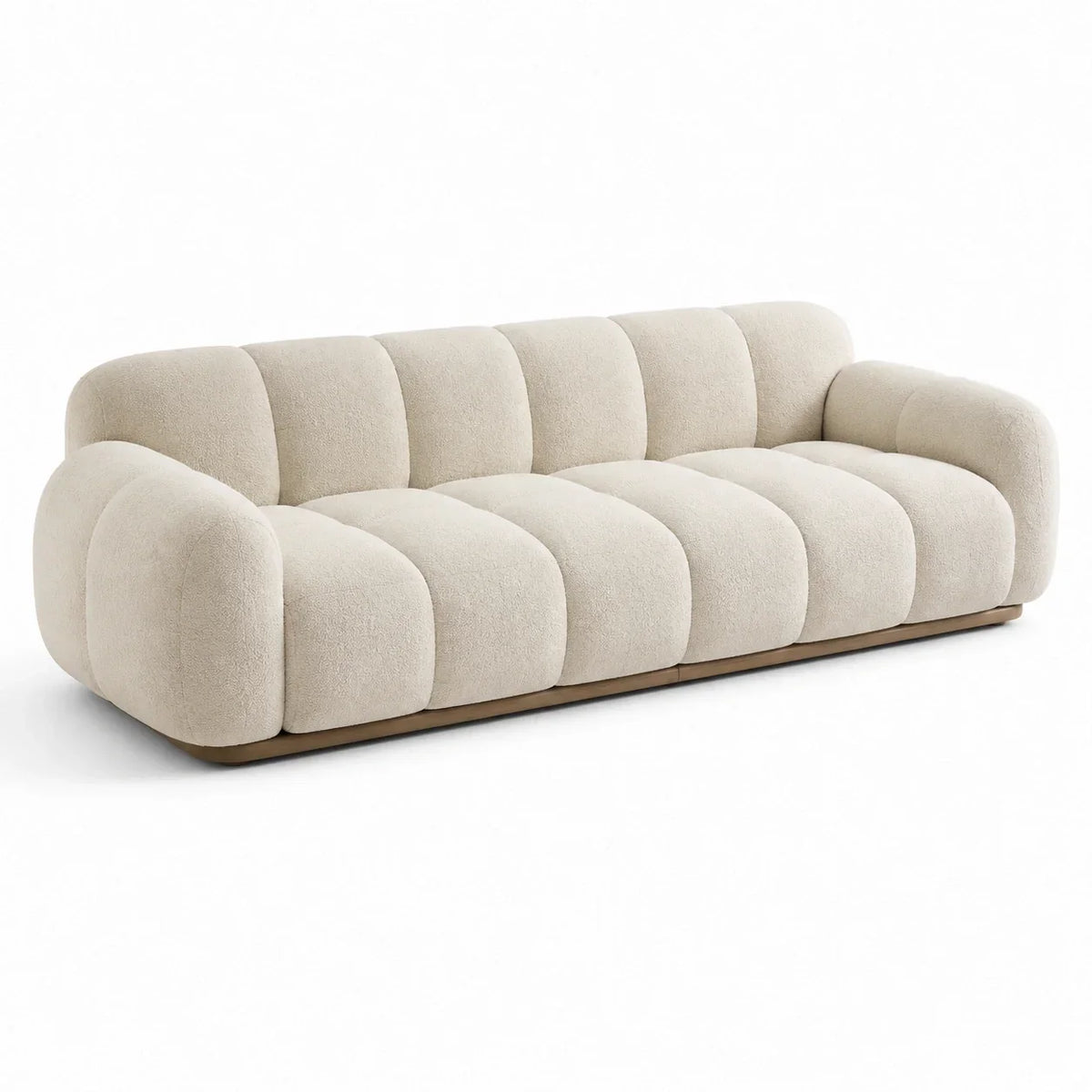 Sofá de 3 plazas, tela bouclé, estructura de madera, beige