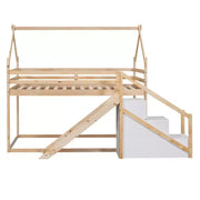 Literas tipo casita con tobogán y escaleras de almacenamiento, litera de madera individual sobre individual para niños con techo y escaleras para niñas y niños