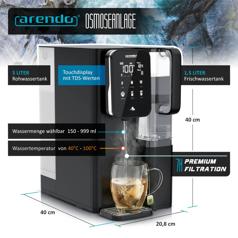 Sistema de ósmosis inversa Arendo, agua 99,99% pura, filtro de 7 etapas (5+2), sin instalación, dispensador de agua caliente de 40 a 100 °C, TDS
