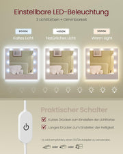 Colección VASAGLE Kailyn - Tocador con espejo y luces LED, regleta de enchufes, 9 cajones, 9 bombillas regulables, 3 colores de luz, rieles deslizantes sin herramientas, blanco nube RDT141WB02