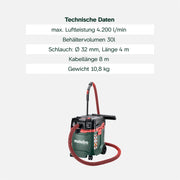 Aspirador universal metabo ASA 30 M PC, 1200 W, clase de polvo M, cable de 8 m, 30 l, manguera antiestática, limpieza de filtro, accesorios